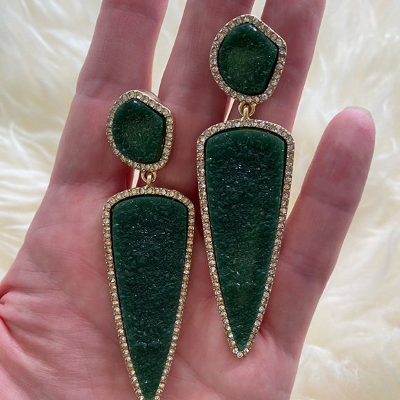 Druzy Quartz Geometric Earrings in Green - Picture 2 of 4